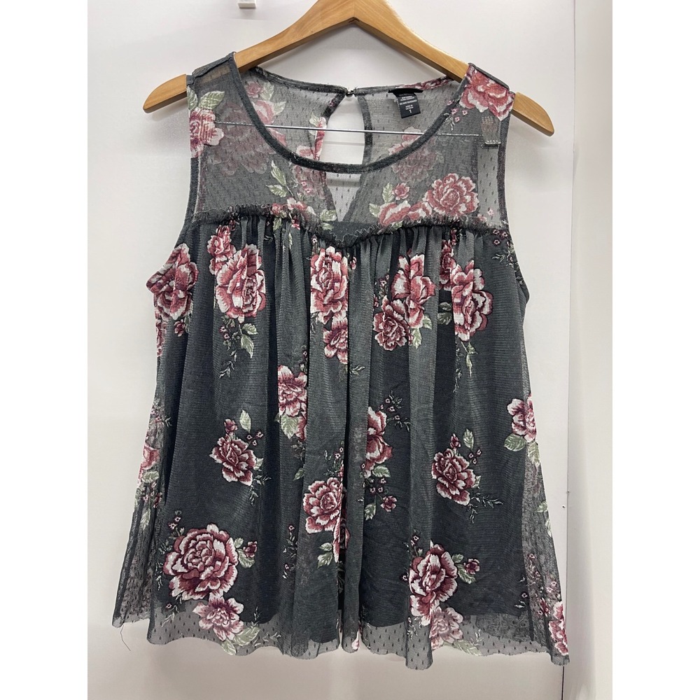Torrid Floral Mesh Babydoll Tank Top Grey Rose Sleeveless Blouse Size 1 11044244
